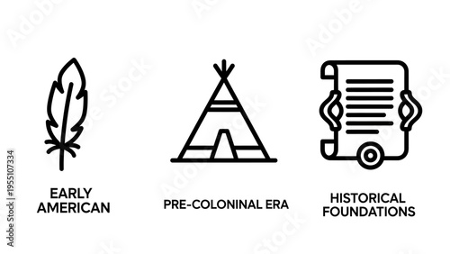 Early american and pre-colonial history line icons: feather, teepee, and historical scroll with hands, representing indigenous culture and heritage