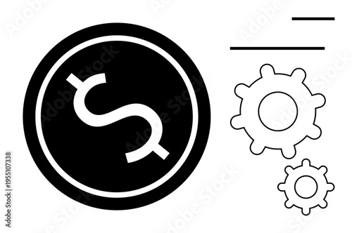 Financial technology, business automation, currency management, process optimization, workflow efficiency, innovative solutions. Dollar sign with gears and lines. Financial technology and business