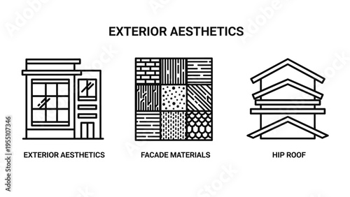 Architectural building design icons: exterior aesthetics, facade materials, and hip roof structures