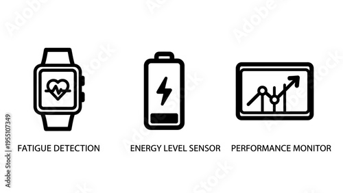 Health, fitness, and performance monitoring icons: fatigue detection, energy level sensor, and progress tracking graph