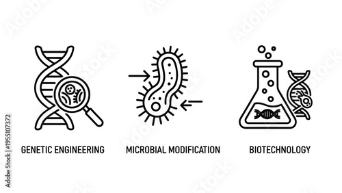 Genetic engineering, microbial modification, and biotechnology line icons for science and research