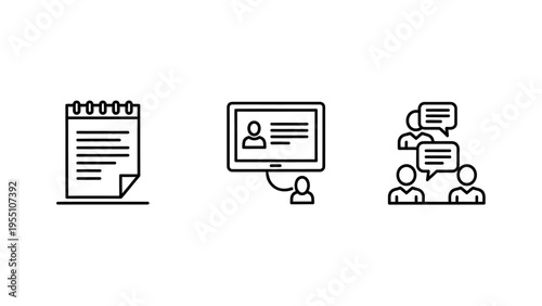 Notebook, online profile, and group chat icons for information capture, digital identity, and team communication concepts