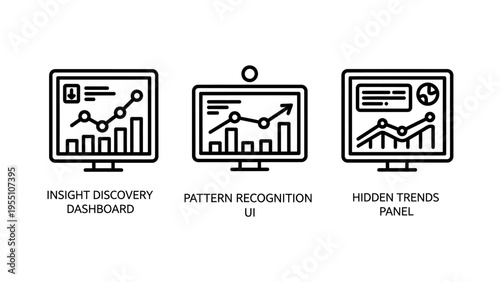 Insight discovery dashboards, pattern recognition, and hidden insights panel line icons