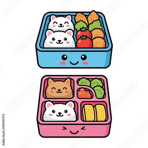 Cute kid's lunch box with fried shrimps, sushi and animals made from rice vector illustration isolated on white. Opened bento box with food.