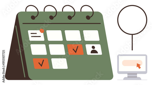 Time management, online appointments, scheduling, productivity, digital planning, remote work. Calendar with marked dates and a computer screen. Time management and online appointments concept