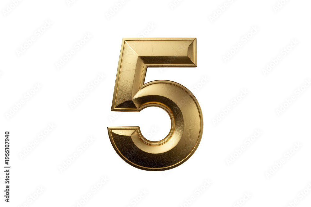 Fototapeta premium Golden number five 3d rendering with metallic texture and elegant beveled edges on transparent background