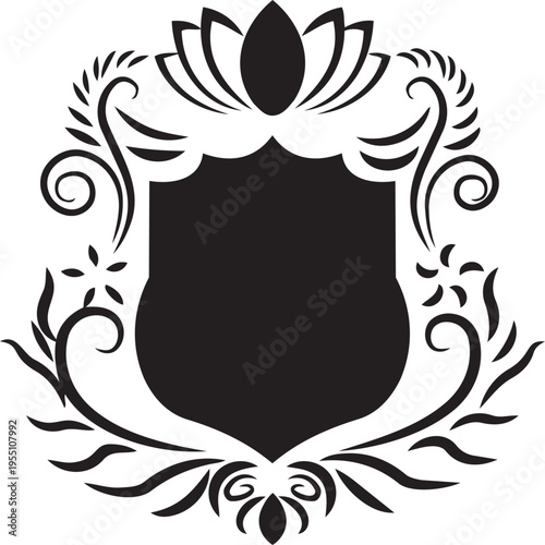 Heraldic Emblem Design: An ornate heraldic emblem showcases a shield at the center, surrounded by intricate floral and ornamental designs. The shield takes center stage.