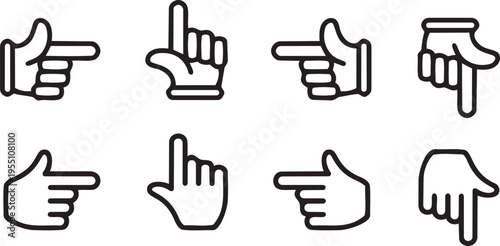 Directional Gestures: A set of minimalistic hand gestures, rendered in stark black lines, signifying various directions.