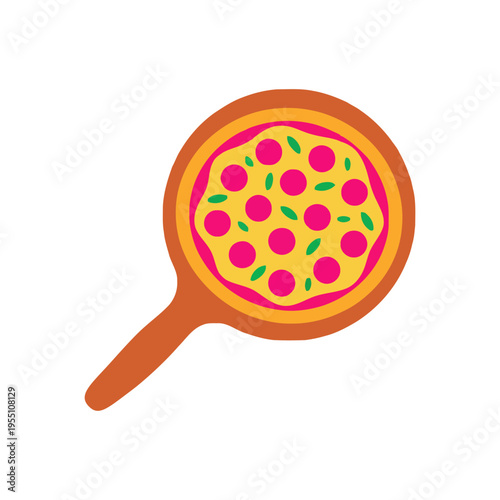 Flat vector illustration of pizza slices arranged in a circular shape in top view with tomatoes, mushrooms, basil leaves and melted cheese. 