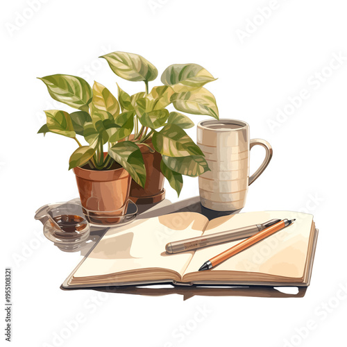 Watercolor Open Notebook with Potted Plants Coffee Mug and Pen Clipart