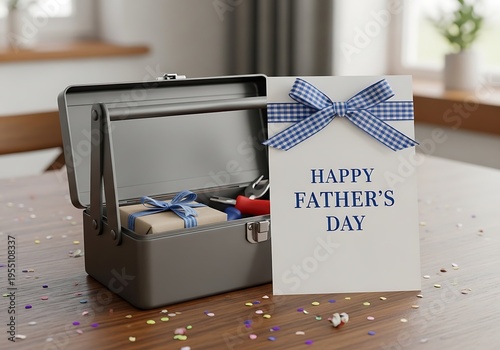 Fathers Day gift card and toolbox with confetti on table