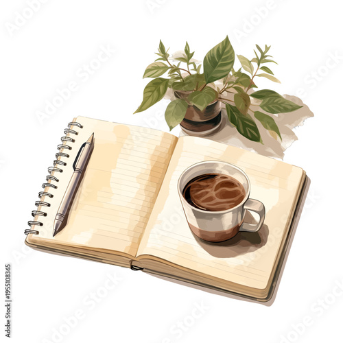 Watercolor Illustration of an Open Spiral Notebook with a Pen, Cup of Coffee, and Potted Plant Isolated on White