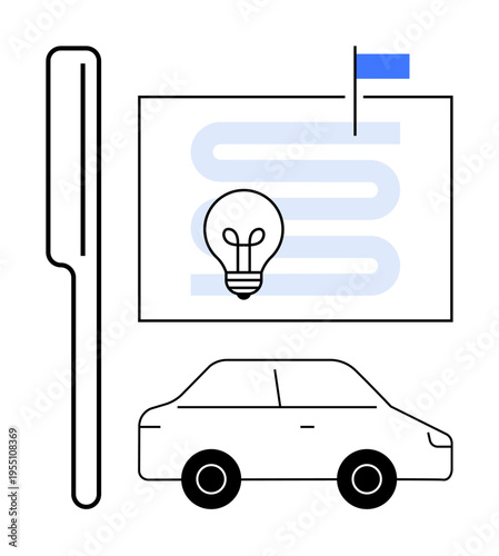 Urban mobility. Urban mobility through a car, map, and lightbulb innovation. Urban mobility include transportation, city planning, navigation, eco-friendly tech, and efficiency