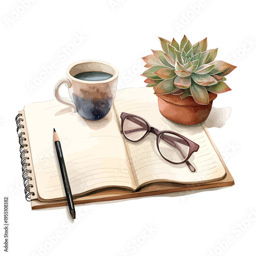 Watercolor Illustration of an Open Notebook with Coffee Cup, Eyeglasses, and Potted Succulent Plant
