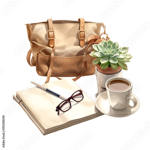 Watercolor Tote Bag with Notebook Eyeglasses Coffee Cup and Succulent Clipart