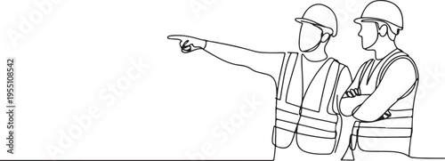 Construction workers in hard hats and vests pointing