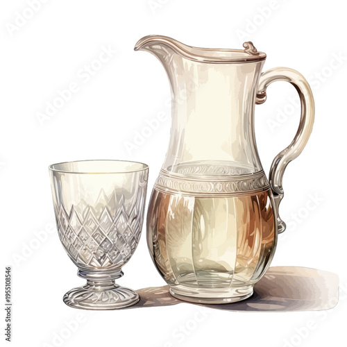 Watercolor Crystal Pitcher and Goblet with White Wine Clipart
