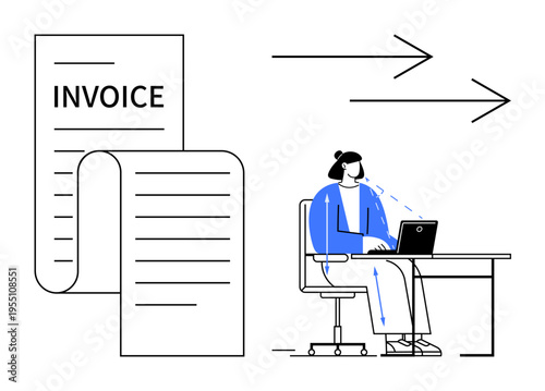 Invoice management. Invoice symbols and an employee working on a laptop to process receipts and payments digitally. Invoice automation enables fast and accurate financial management. Suitable