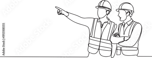 Construction workers in hard hats and vests pointing