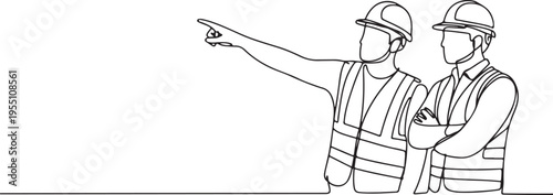 Construction workers in hard hats and vests pointing