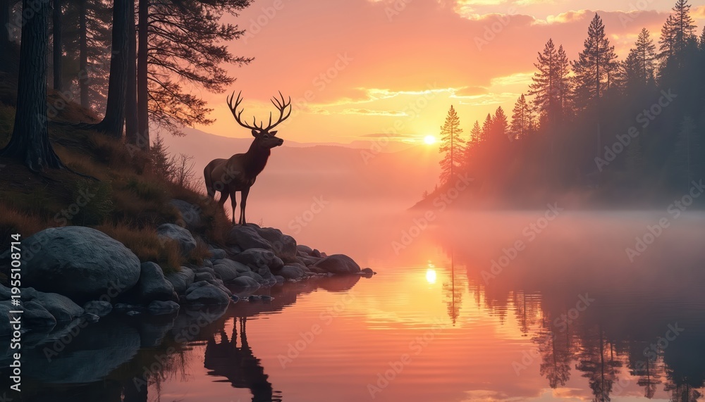 Fototapeta premium Majestic elk stands on rocky shore near misty lake at sunrise. Pine forest edge reflects in calm water with orange sky. Wild animal observes tranquil dawn.