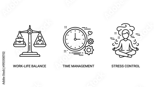 Work-life balance, time management, and stress control icons, representing productivity, organization, and mental well-being for business and personal life concepts