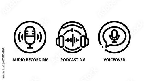 Microphone icon in circle, headphones with audio wave, and microphone in speech bubble icons, symbolizing audio recording, podcasting, and voiceover services