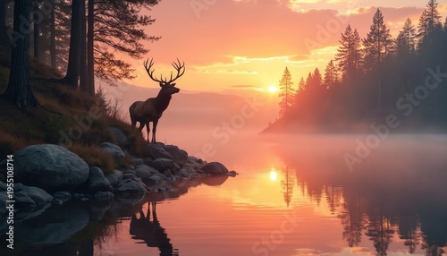 Majestic elk stands on rocky shore near misty lake at sunrise. Pine forest edge reflects in calm water with orange sky. Wild animal observes tranquil dawn.