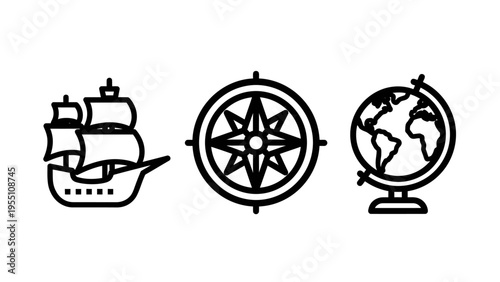 Sailing ship, compass rose, and globe icons representing travel, navigation, exploration, and global connectivity for adventure and discovery