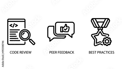 Code review, peer feedback, and best practices icons for software development, representing quality assurance, teamwork, and professional standards