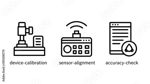 Device calibration, sensor alignment, accuracy check icons: machine, gauge, wireless signal, document, precision, engineering, measurement, technology