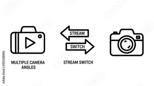 Production icons: multiple camera angles, stream switch arrows, and a single camera, symbolizing filming, broadcasting, and editing processes