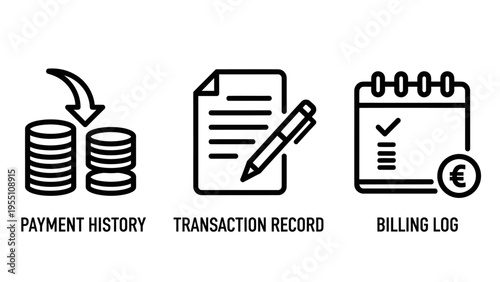 Financial icons: stack of coins with arrow, transaction record document with pen, and billing log calendar, representing payment, finance, and accounting, line art