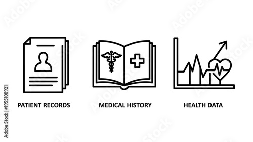 Icons for patient records, medical history, and health data graphs, symbolizing healthcare, data management, and analysis, line art