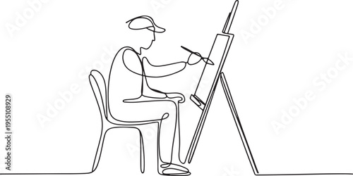 Artist Painting on Easel Continuous Line Drawing vector
