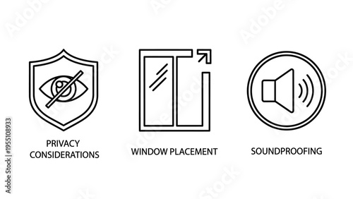 Icons for privacy shield, window placement, and soundproofing speaker, representing security, architecture, and acoustics, line art
