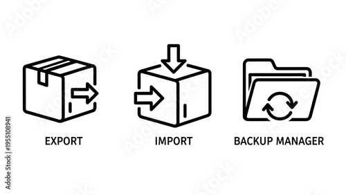 Set of export, import and backup manager icons for logistics, data management, and file storage solutions