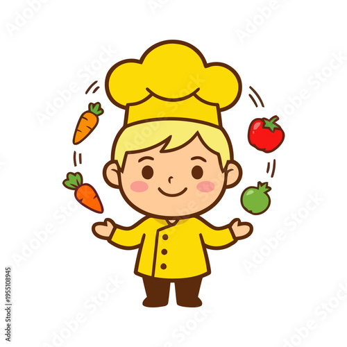 Flat vector illustration of a chef juggling vegetables. Represents cooking skills, culinary activity, and playful kitchen concepts