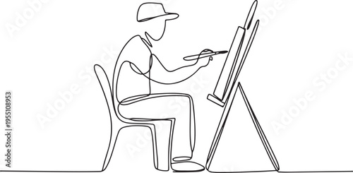 Artist painting on easel in continuous line drawing