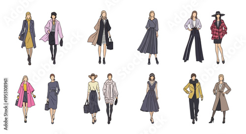 Fashion illustration depicting a variety of women's outfits and styles in a sketch format