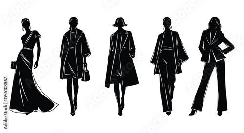 Elegant fashion illustrations depicting five women in various stylish outfits and poses