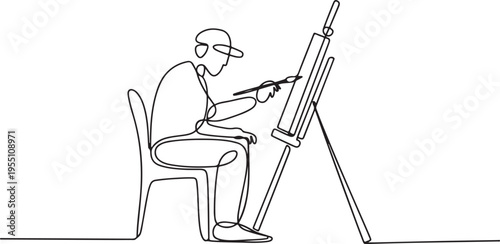 Artist Painting on Easel Continuous Line Drawing vector