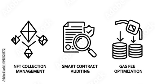 Icons for nft collection management, smart contract auditing, and gas fee optimization in cryptocurrency and blockchain technology, line art