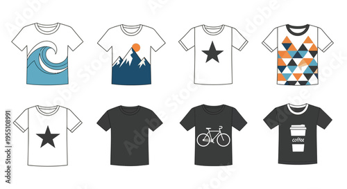 Collection of t shirts with various graphic designs and color schemes displayed