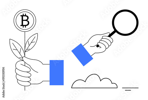Cryptocurrency concept. cryptocurrency potential, Bitcoins growth ed by plants, and analysis with a magnifying glass. Cryptocurrency in finance, trading, investment, blockchain, innovation