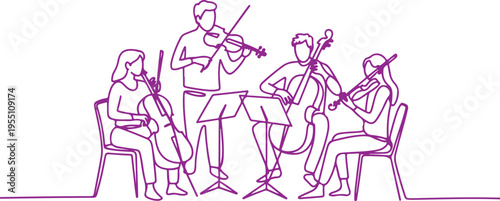 Purple Line Art Orchestra Playing String Instruments
