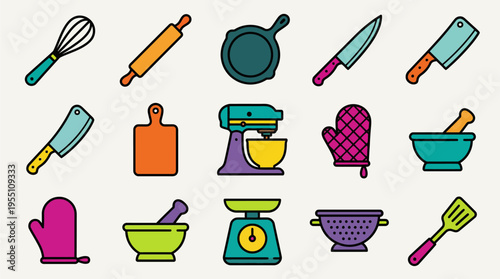 Flat vector illustration set of colorful kitchen tools and cooking utensils. Ideal for culinary, cooking, and food preparation designs