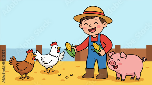 Cute cartoon farm animals playing together on a cheerful farm with a cow pig chicken duck in a fun colorful illustration for kids