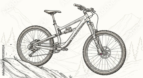 Pencil Sketch Illustration of a Mountain Bike on a Rocky Trail