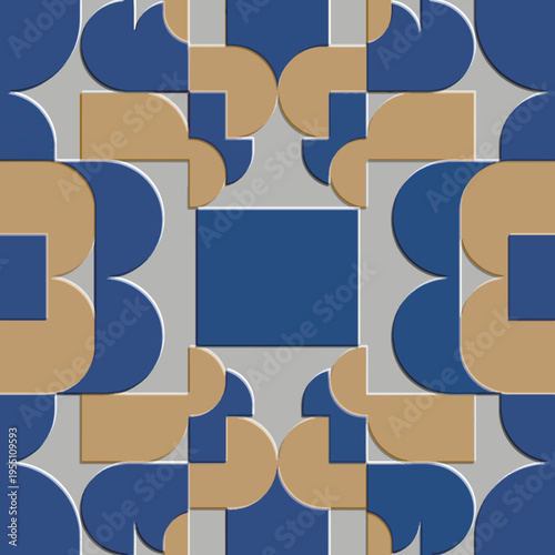 Trendy 3D embossed seamless pattern in Montessori style with relief geometric tiles in navy blue and gold-beige create a tactile, symmetrical emboss effect for luxury nursery or modern branding.